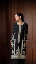 Black silk white embroidered designer suit - Zedanya Sri Lanka - Image 3