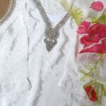 White yoke embroidered floral print duppatta shalwar suit by Zedanya