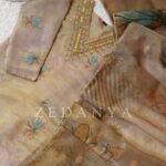 Brown floral print shimmer yoke embroidered shalwar suit by zedanya