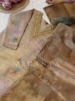 Brown floral print shimmer yoke embroidered shalwar suit by zedanya