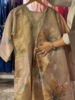 Brown floral print shimmer yoke embroidered shalwar suit by zedanya - Image 2