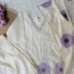 Ivory purple floral anarkali suit with hand painted dupatta