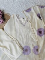 Ivory purple floral anarkali suit with hand painted dupatta