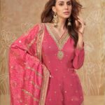 Vibrant pink zari sequin embroidered sharara suit