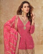 Vibrant pink zari sequin embroidered sharara suit