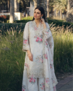Cream floral printed cut embroidered designer suit by Zedanya Sri Lanka - Image 2