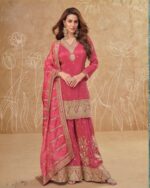 Vibrant pink zari sequin embroidered sharara suit - Image 3