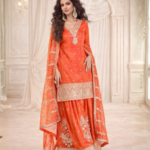 Vibrant Orange sequins zari embroidered sharara suit