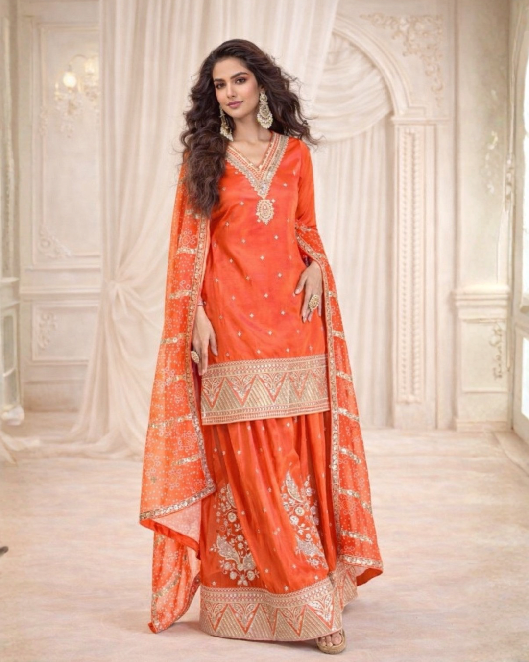 untitled-design-2-7 Vibrant Orange sequins zari embroidered sharara suit - Image 1