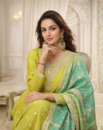 Green zari sequin embroidered sharara suit with bandhani dupatta - Image 2