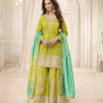Green zari sequin embroidered sharara suit with bandhani dupatta