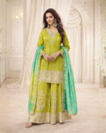 Green zari sequin embroidered sharara suit with bandhani dupatta