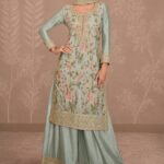 Pastel turquoise green floral embroidered designer suit