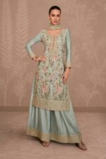 Pastel turquoise green floral embroidered designer suit