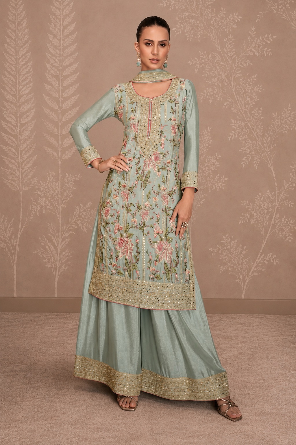 4c328f5c-fe0c-40cb-b815-015bf7f78e51 Pastel turquoise green floral embroidered designer suit - Image 1