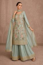 Pastel turquoise green floral embroidered designer suit - Image 3