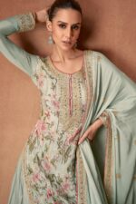 Pastel turquoise green floral embroidered designer suit - Image 2