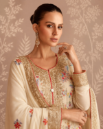 Ivory white multi color heavy floral embroidered designer suit - Image 2
