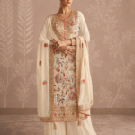 Ivory white multi color heavy floral embroidered designer suit