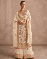 Ivory white multi color heavy floral embroidered designer suit